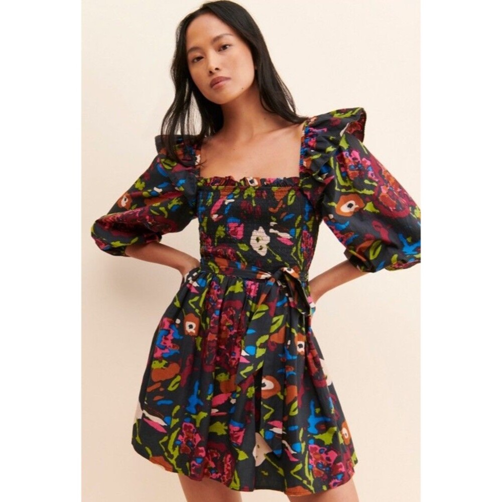 Cleobella Kira Mini Dress XS Festival Pockets Organic Cotton Floral Puff Sleeves